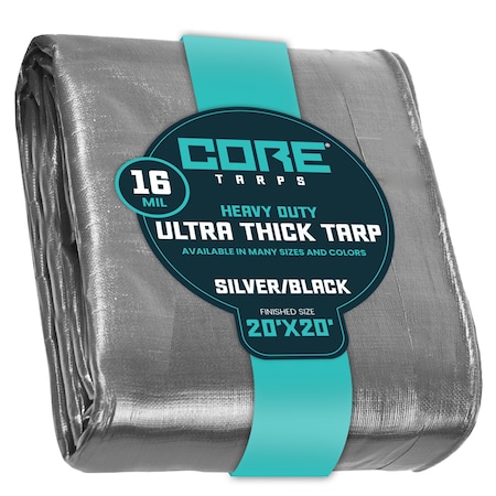 Core Tarps Heavy Duty Tarp, 20 ft L x 0.5 mm H x 20 ft W, 16 Mil, Silver/Black, Polyethylene CT-301-20X20